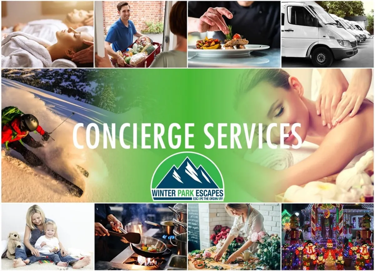 A collage-style interior scene showcasing concierge services, family time, festive holiday decorations, skiing, massage, and cooking. The ambiance feels welcoming and luxurious, reflecting the resort-style amenities and exclusive guest experiences available to residents.