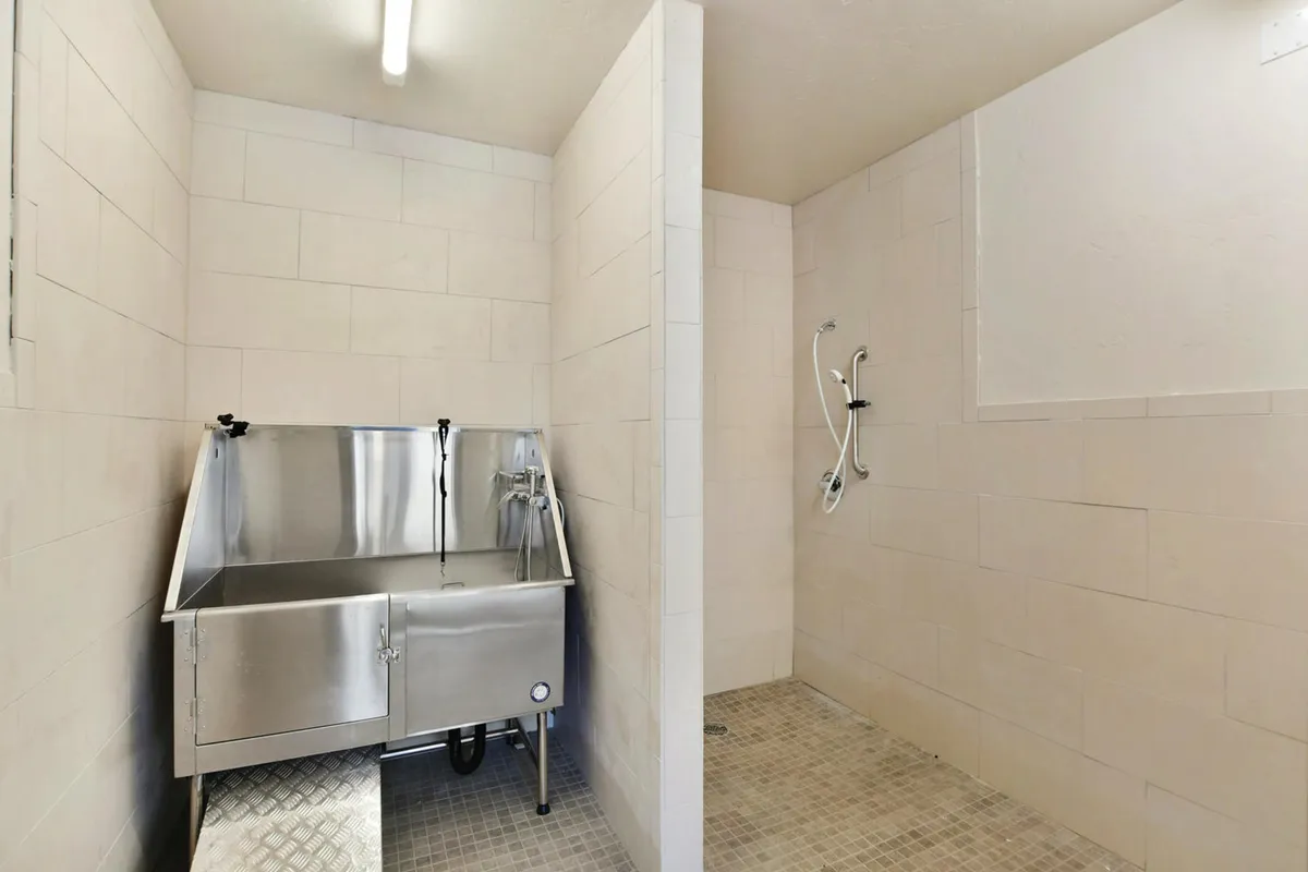 An interior space featuring a metal wash basin and clean tiled shower area, designed for both personal hygiene and washing pets or gear after outdoor activities. The practical and functional environment is highlighted by easy-to-clean surfaces.