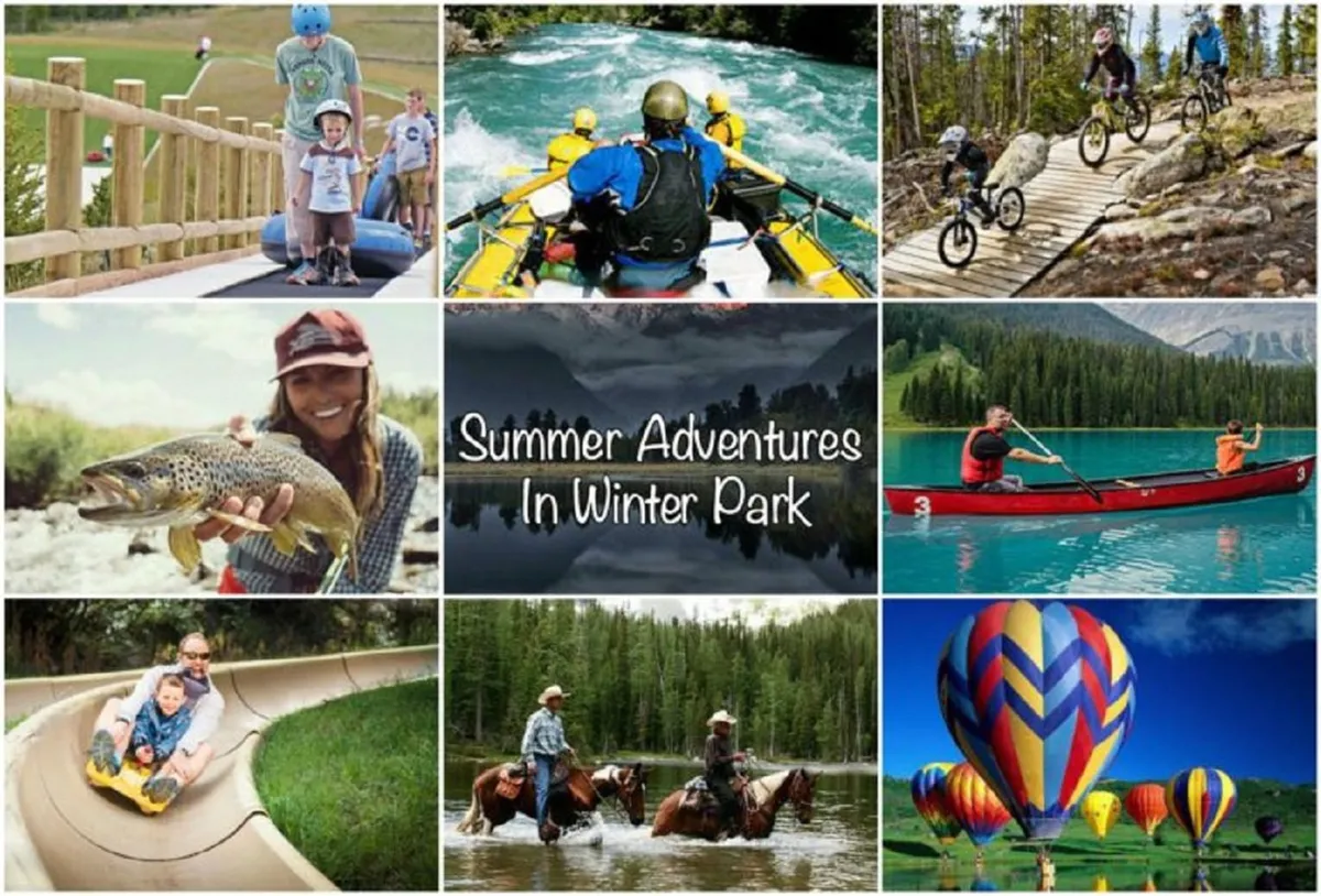 A lively outdoor scene featuring families and children participating in various adventure activities such as rafting, kayaking, fishing, mountain biking, horse riding, and tubing, all surrounded by lush natural scenery and vibrant balloons. The image exudes excitement and playfulness, capturing the energy of memorable family outings.